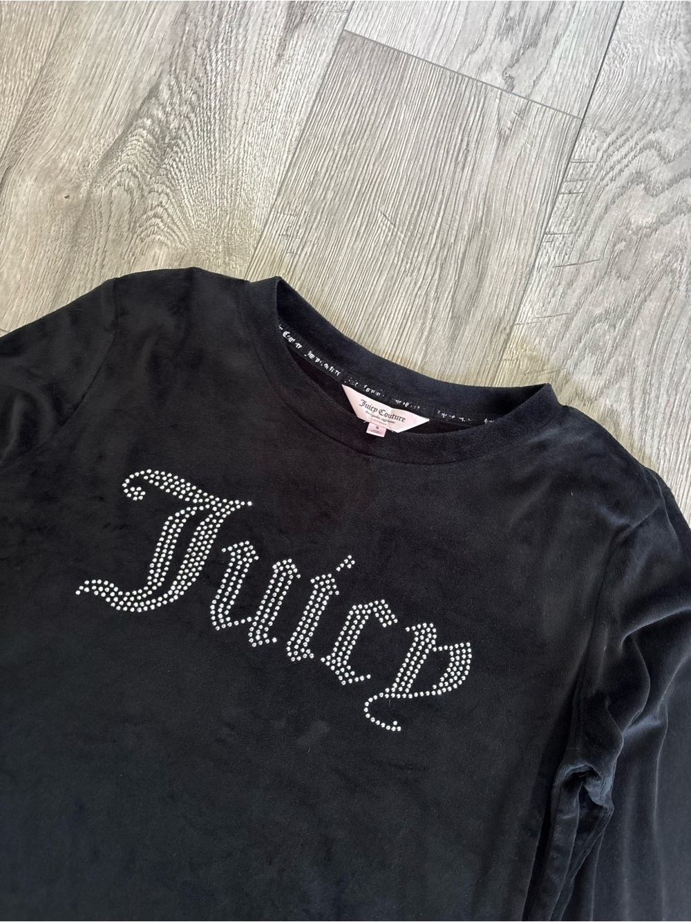 Juicy Couture Black Long Sleeve Velour Top with Rhinestone 'Juicy' Logo - Small